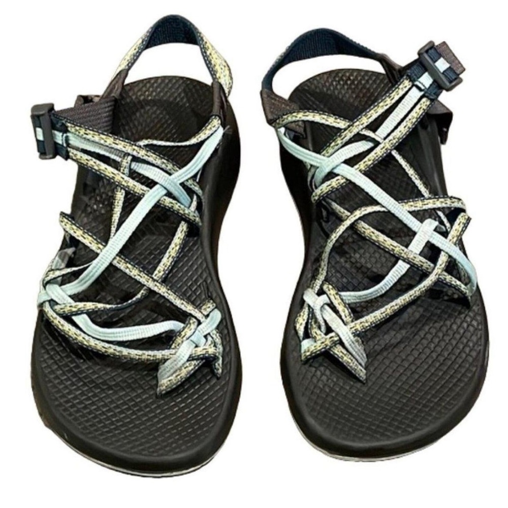 Chaco Women's Black Sandals with Light Blue and Yellow Straps